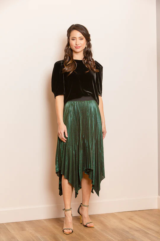 Green Metallic Pleated Skirt