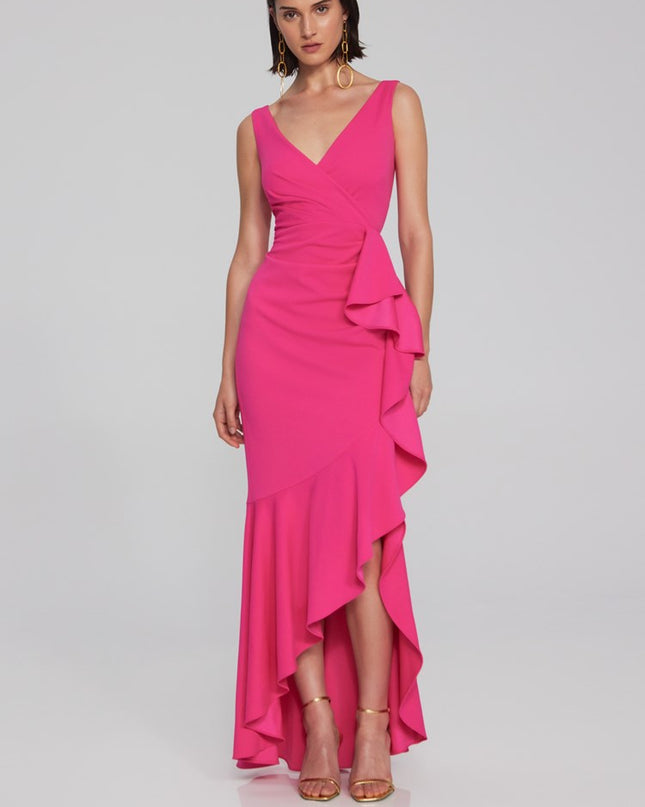Joseph Ribkoff scuba crepe gown: trumpet skirt with ruffle, slit; wrap neckline, V-shaped back exude sophistication. Perfect for special occasions. Women's spring dress at Mackinac Island store
