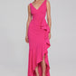 Joseph Ribkoff scuba crepe gown: trumpet skirt with ruffle, slit; wrap neckline, V-shaped back exude sophistication. Perfect for special occasions. Women's spring dress at Mackinac Island store