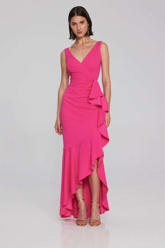 Joseph Ribkoff scuba crepe gown: trumpet skirt with ruffle, slit; wrap neckline, V-shaped back exude sophistication. Perfect for special occasions. Women's spring dress at Mackinac Island store