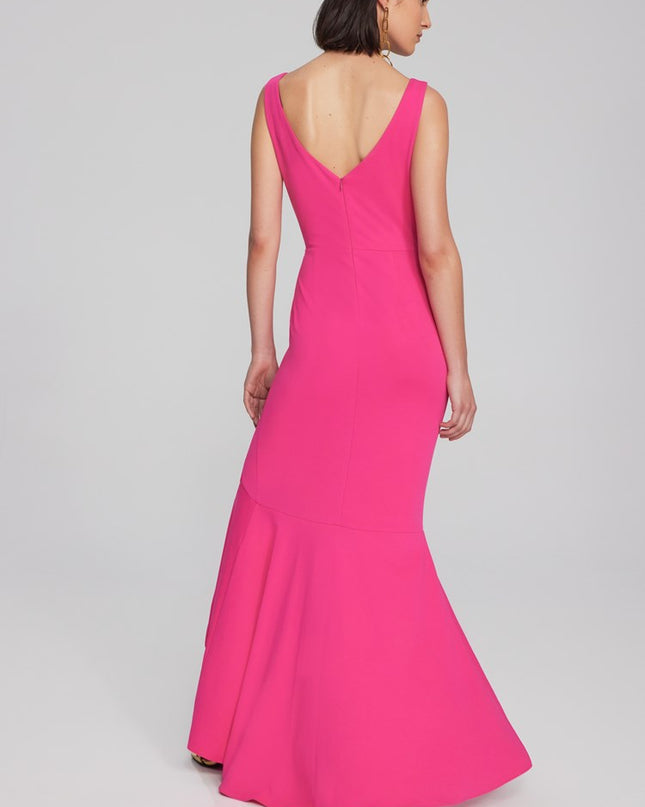 Joseph Ribkoff scuba crepe gown: trumpet skirt with ruffle, slit; wrap neckline, V-shaped back exude sophistication. Perfect for special occasions. Women's spring dress at Mackinac Island store