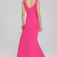 Joseph Ribkoff scuba crepe gown: trumpet skirt with ruffle, slit; wrap neckline, V-shaped back exude sophistication. Perfect for special occasions. Women's spring dress at Mackinac Island store