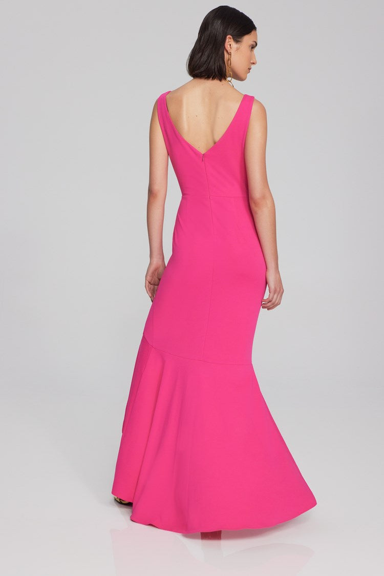 Joseph Ribkoff scuba crepe gown: trumpet skirt with ruffle, slit; wrap neckline, V-shaped back exude sophistication. Perfect for special occasions. Women's spring dress at Mackinac Island store