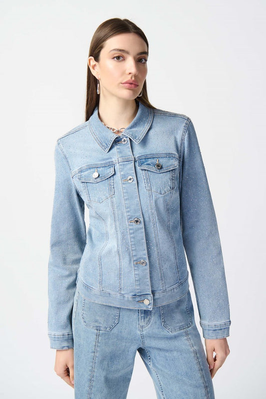 Joseph Ribkoff, fitted denim jacket, classic shirt collar and cuffed long sleeves, patch pockets with flap. Women's spring jacket, Mackinac Island boutique