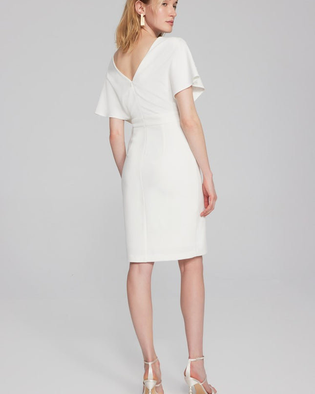Joseph Ribkoff scuba crepe gown: trumpet skirt, ruffle, slit; wrap neckline, V-shaped back exude sophistication. Ideal for special occasions.