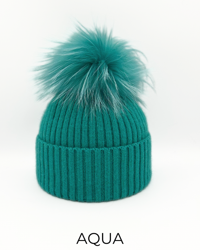 Aqua Angora Blend with Fox Pom