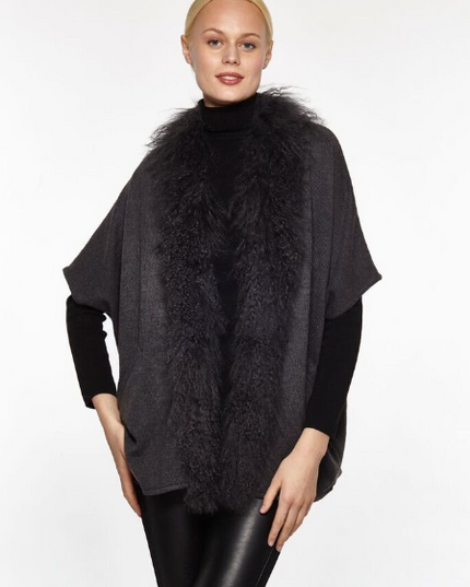 Wool Knit Poncho Genuine Mongolian Lamb Trim Black