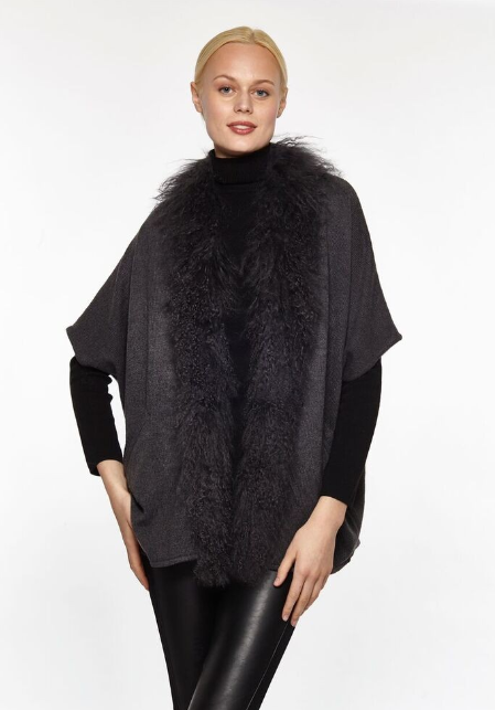 Wool Knit Poncho Genuine Mongolian Lamb Trim Black