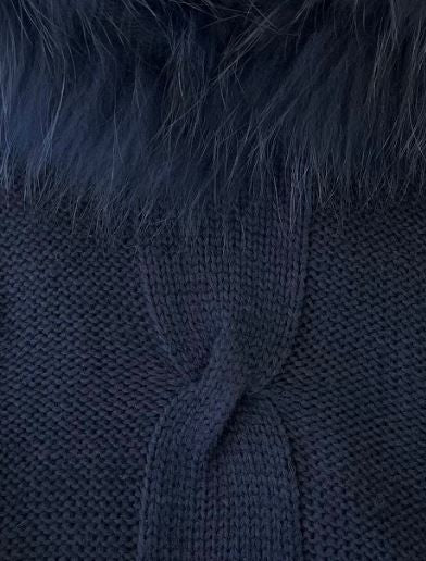 Hooded Knit Poncho Fox Fur Trim Navy