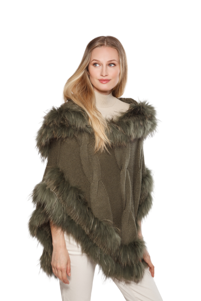 Hooded Knit Poncho Fox Fur Trim Navy