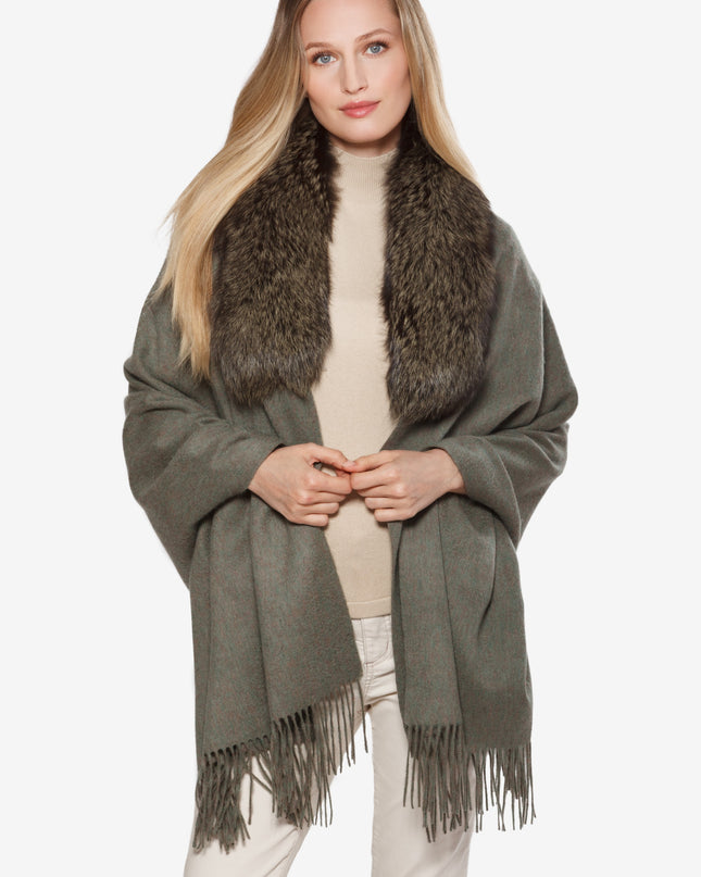 Fox fur trimmed cashmere blend shawl Olive