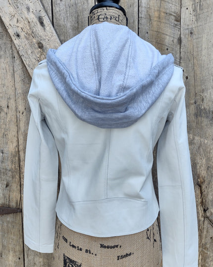 burnished hooded moto jacket - white