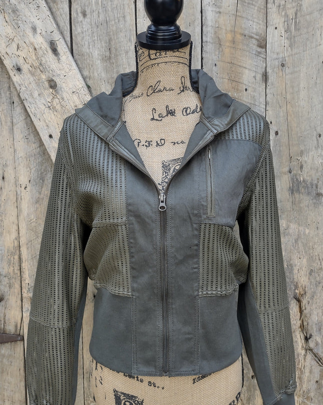 half moon perforated leather/washed twill jacket - sage