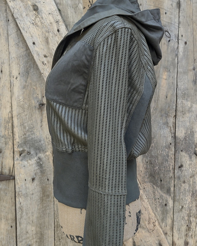 half moon perforated leather/washed twill jacket - sage