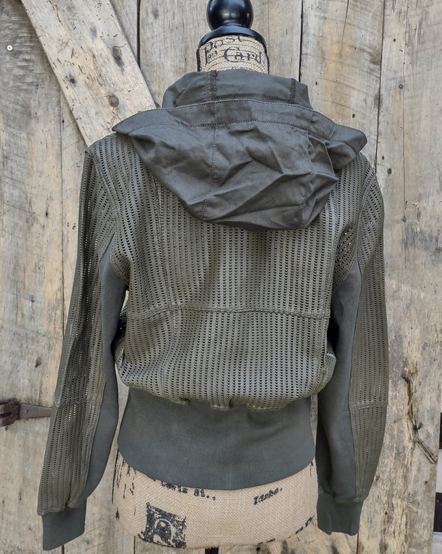 half moon perforated leather/washed twill jacket - sage