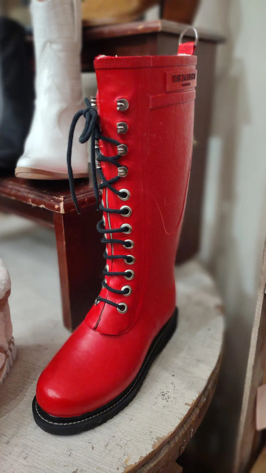 Red Knee High Rubber Boots