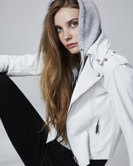 burnished hooded moto jacket - white