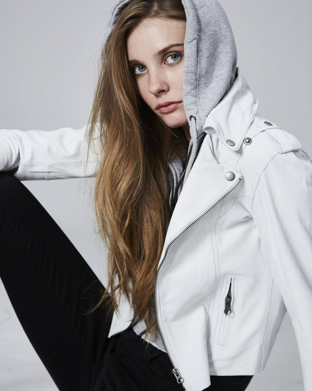 burnished hooded moto jacket - white