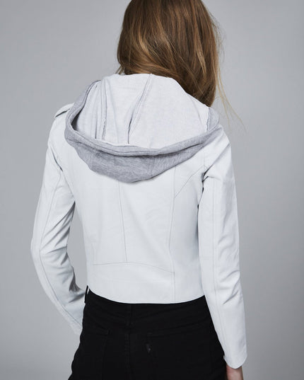 burnished hooded moto jacket - white