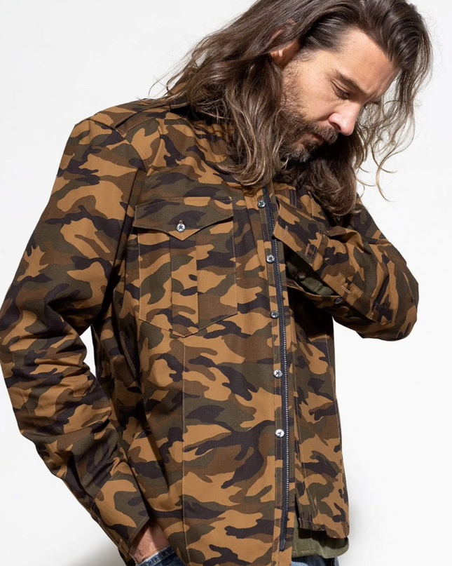 Royal 1968 long sleeve military button down. Camoflauge fashion jacket. Available at Rustic Chic Boutique Mackinac Island, Michigan