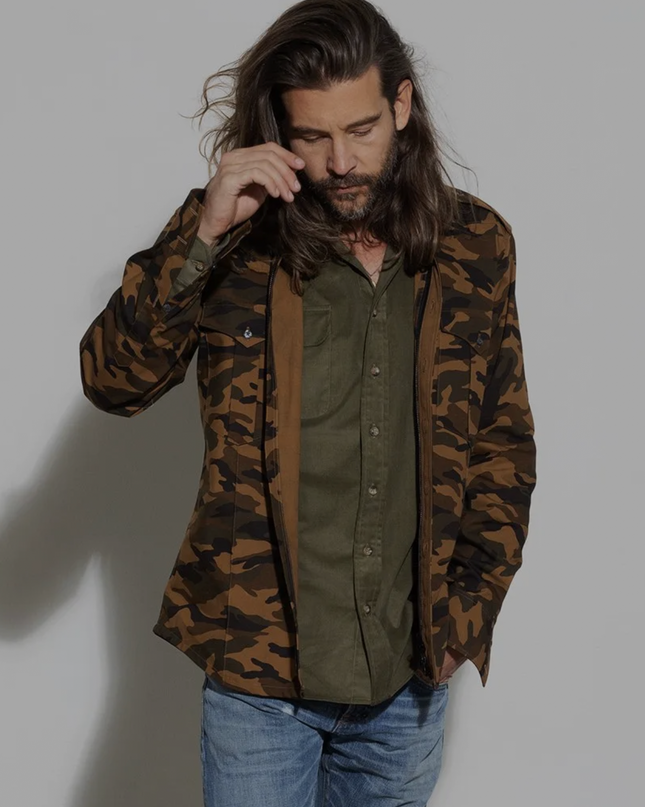 Royal 1968 long sleeve military button down. Camoflauge fashion jacket. Available at Rustic Chic Boutique Mackinac Island, Michigan