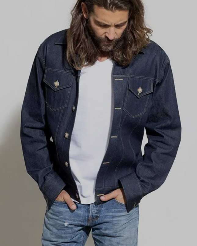 Royal 1968. Classic japanese denim jacket. Trucker cut, button down. Cut to order. Men's denim jacket available at Rustic Chic Boutique Mackinac Island, Michigan