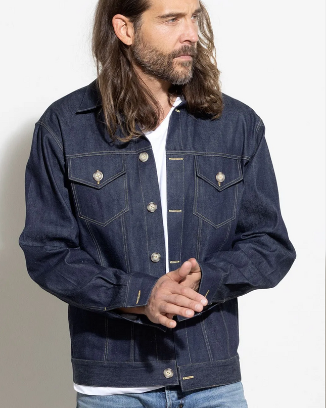Royal 1968. Classic japanese denim jacket. Trucker cut, button down. Cut to order. Men's denim jacket available at Rustic Chic Boutique Mackinac Island, Michigan