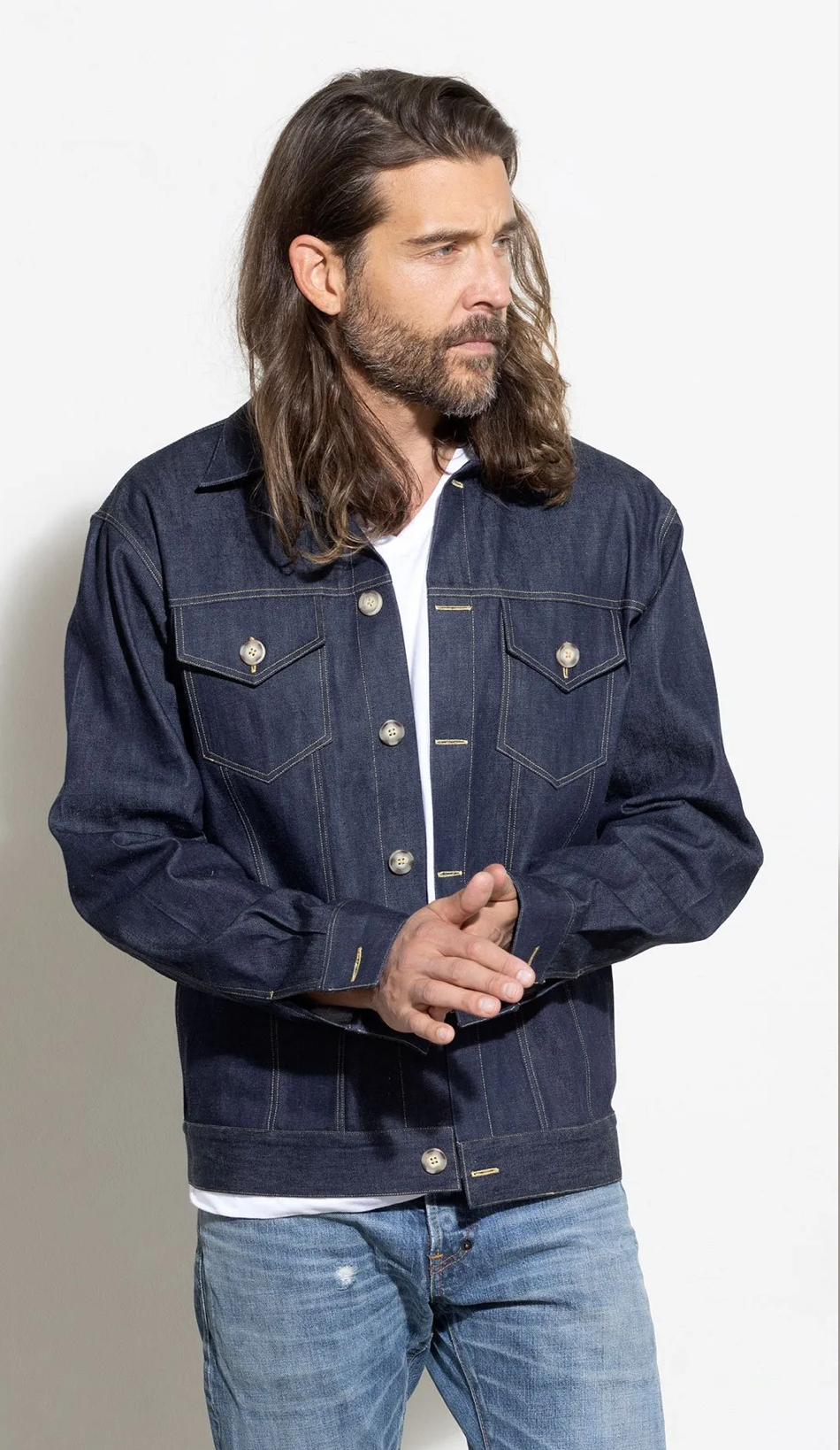 Royal 1968. Classic japanese denim jacket. Trucker cut, button down. Cut to order. Men's denim jacket available at Rustic Chic Boutique Mackinac Island, Michigan