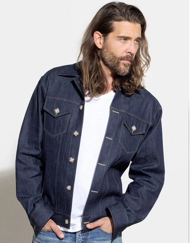 Royal 1968. Classic japanese denim jacket. Trucker cut, button down. Cut to order. Men's denim jacket available at Rustic Chic Boutique Mackinac Island, Michigan